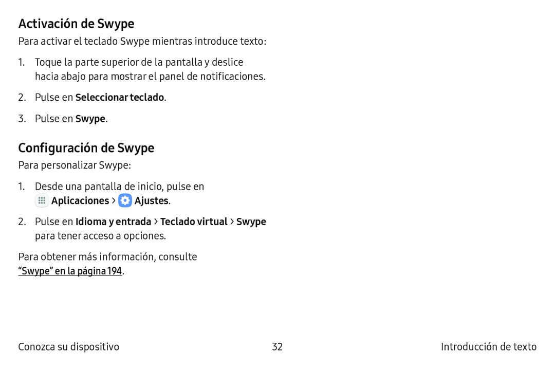 Activación de Swype Configuración de Swype