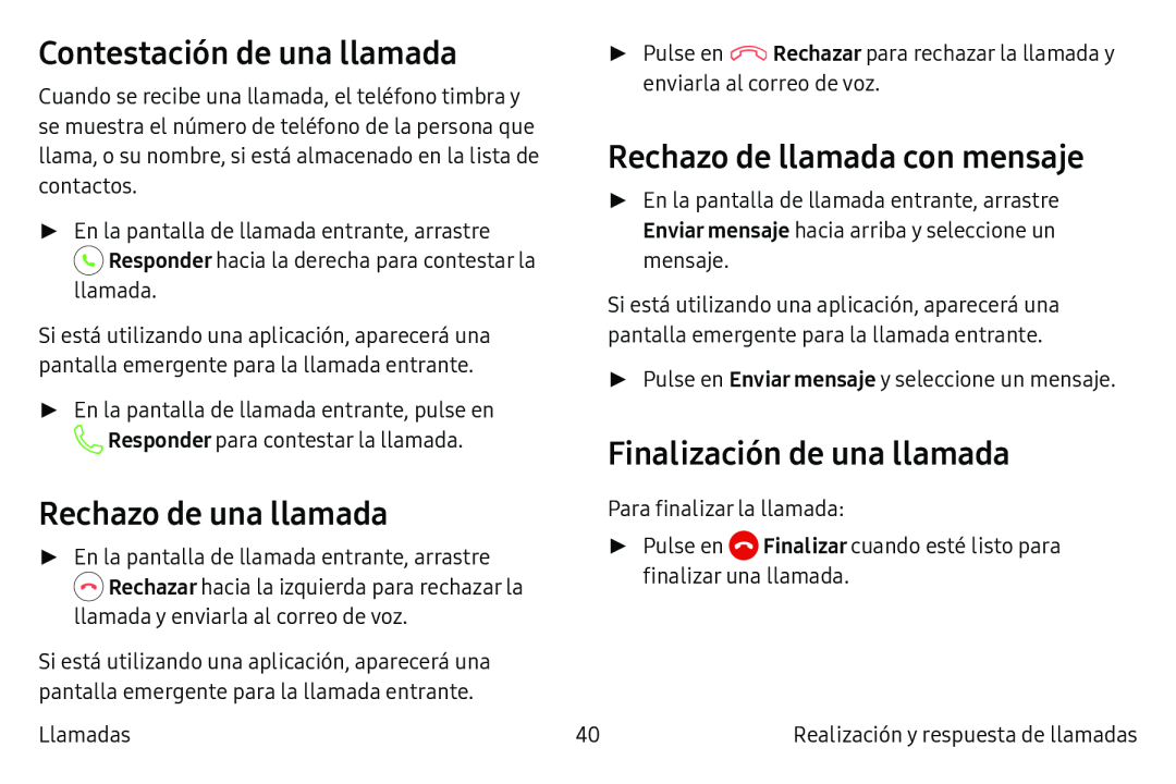 Contestación de una llamada Rechazo de una llamada