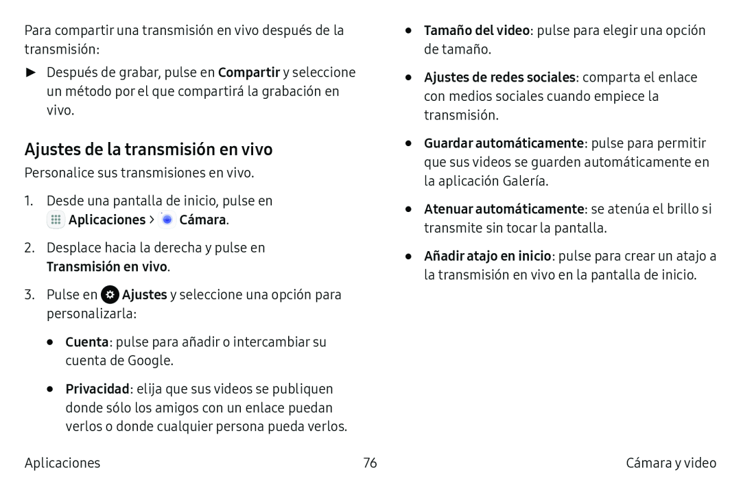 Ajustes de la transmisión en vivo