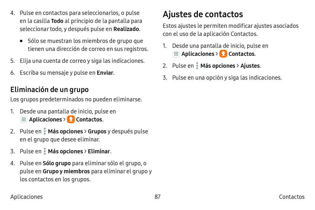 Eliminación de un grupo Ajustes de contactos