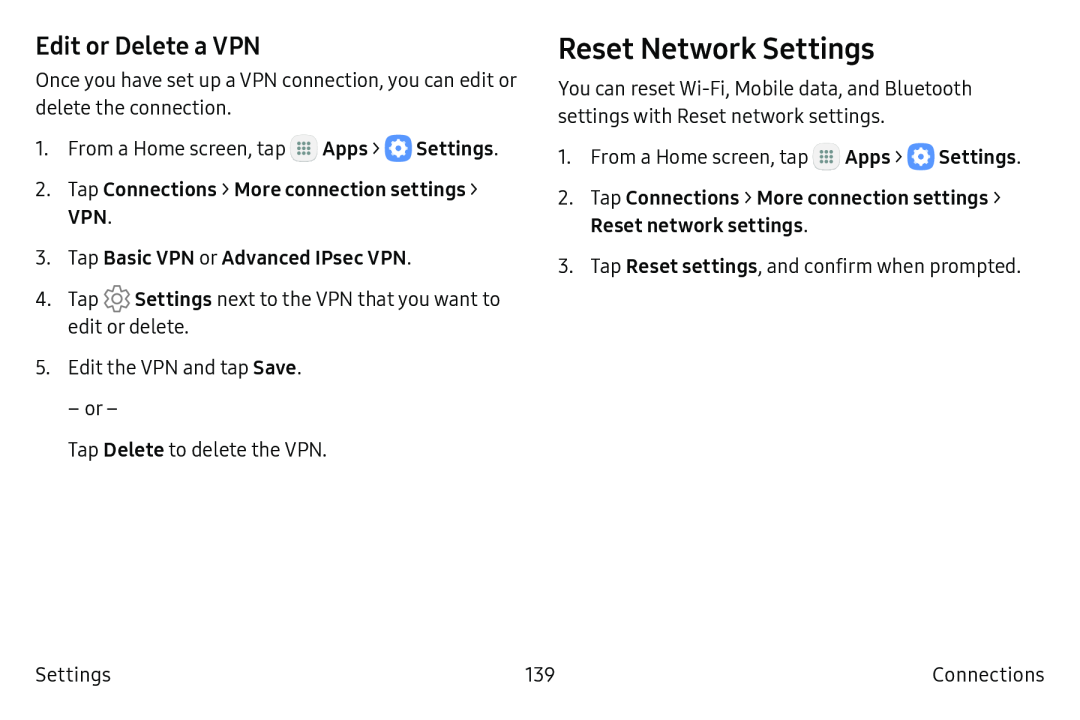 Edit or Delete a VPN Reset Network Settings