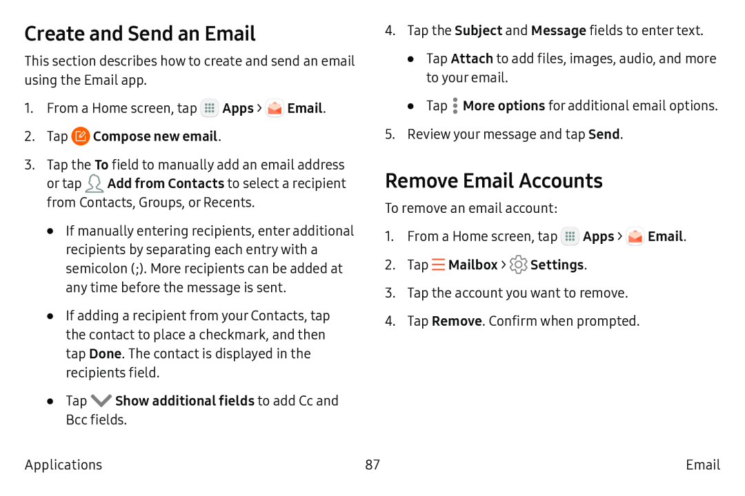 Create and Send an Email Remove Email Accounts