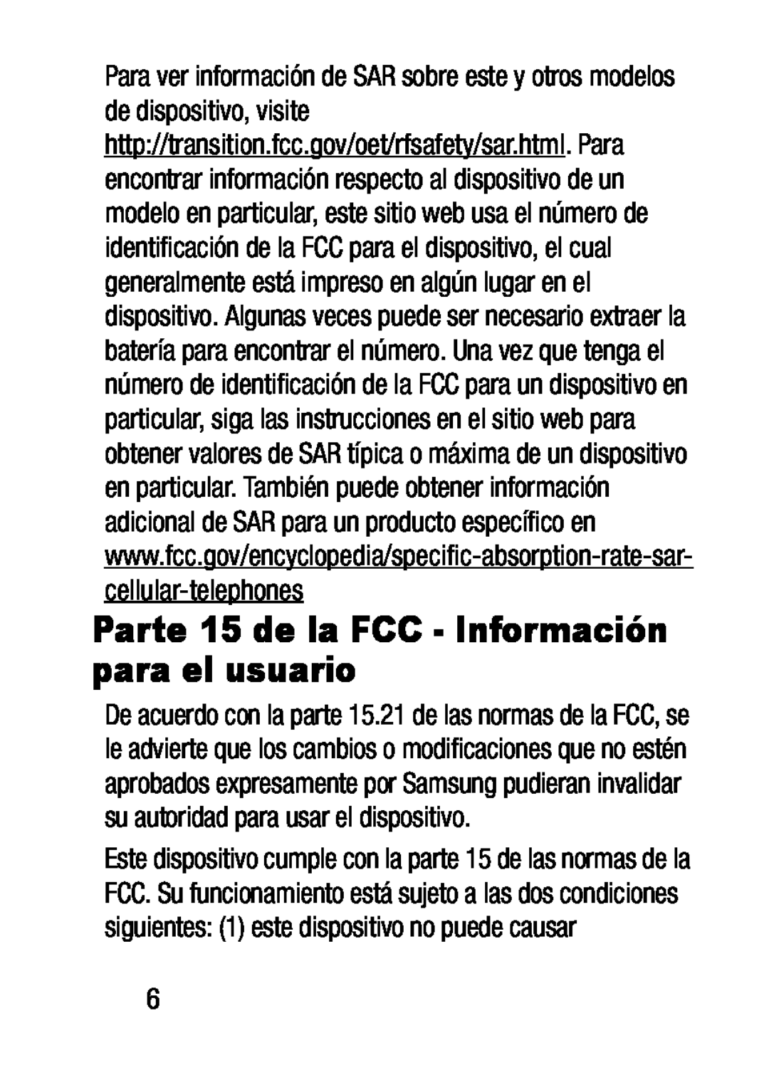 Parte 15 de la FCC - Información para el usuario Galaxy S5 Metro PCS