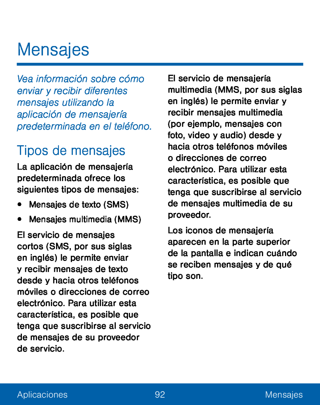 Tipos de mensajes Mensajes