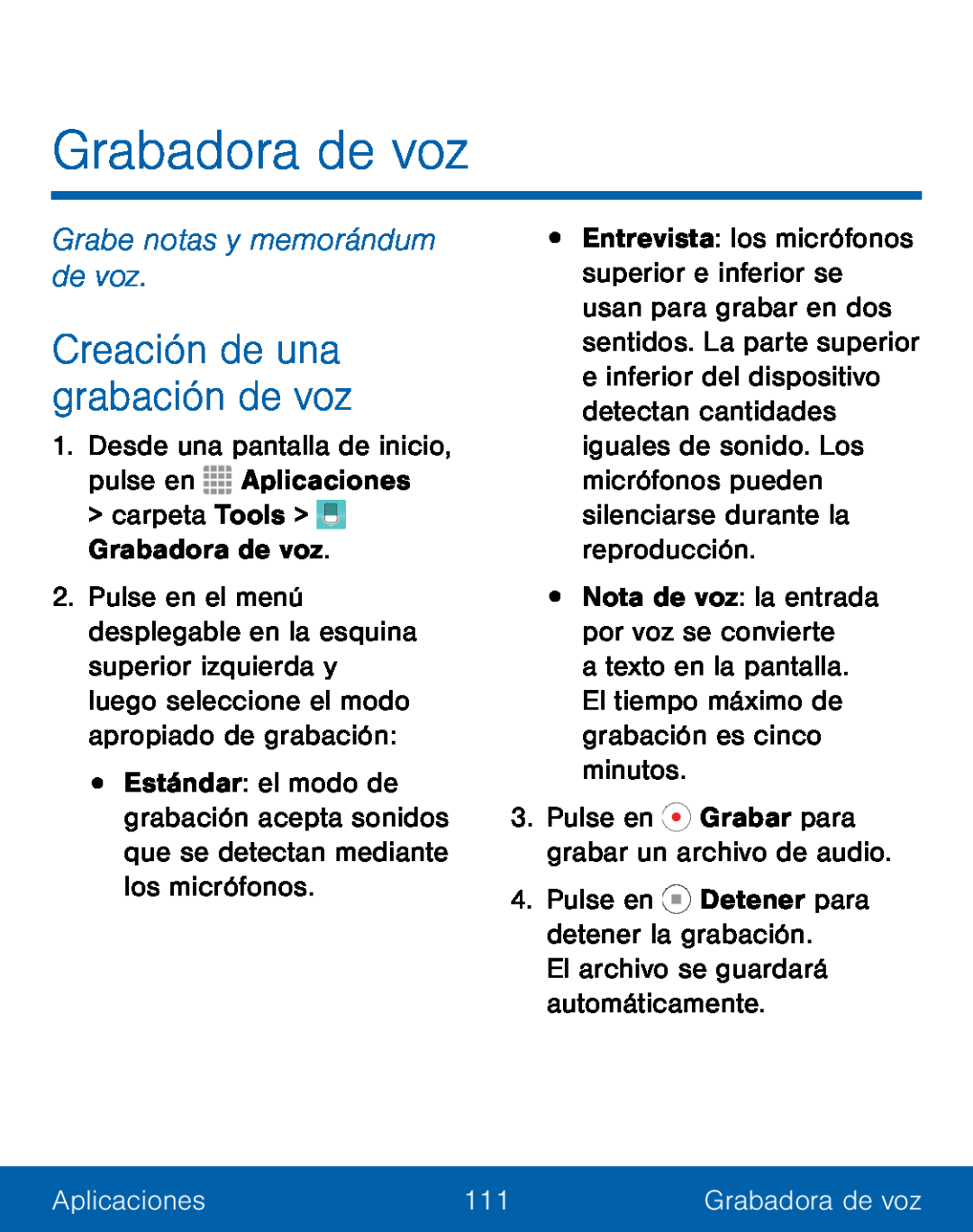 Grabe notas y memorándum de voz Creación de una grabación de voz