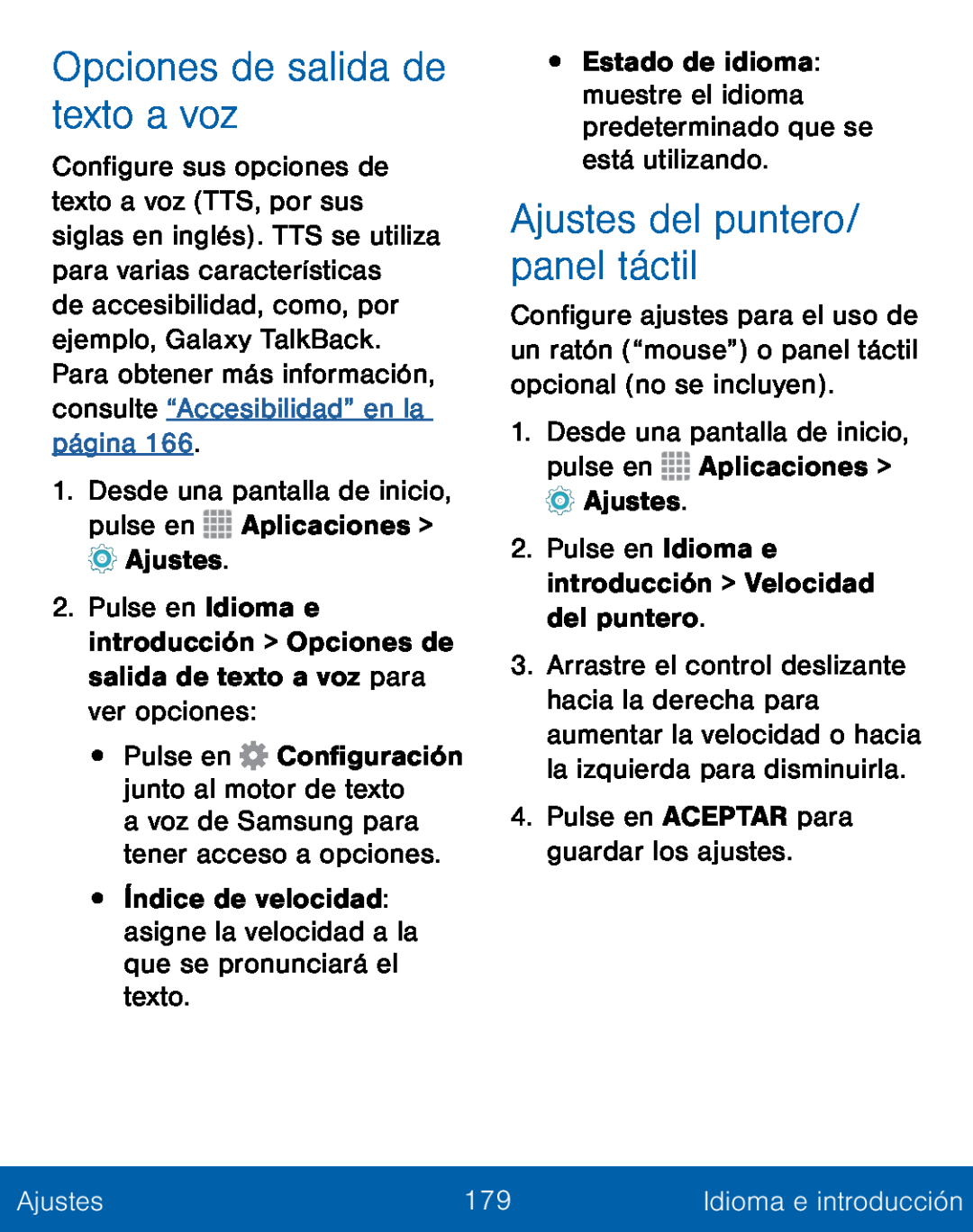 Ajustes del puntero/ panel táctil Opciones de salida de texto a voz