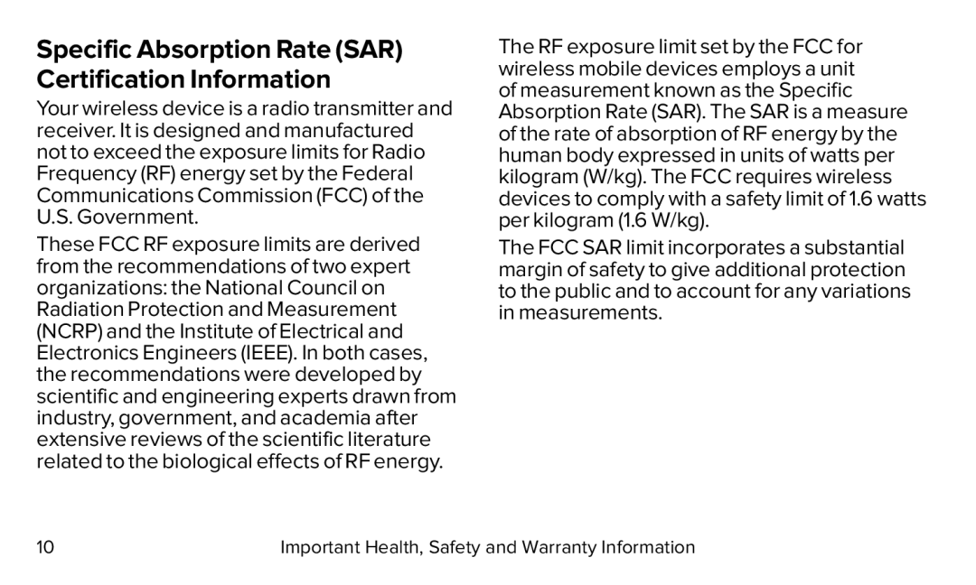 Specific Absorption Rate (SAR) Certification Information