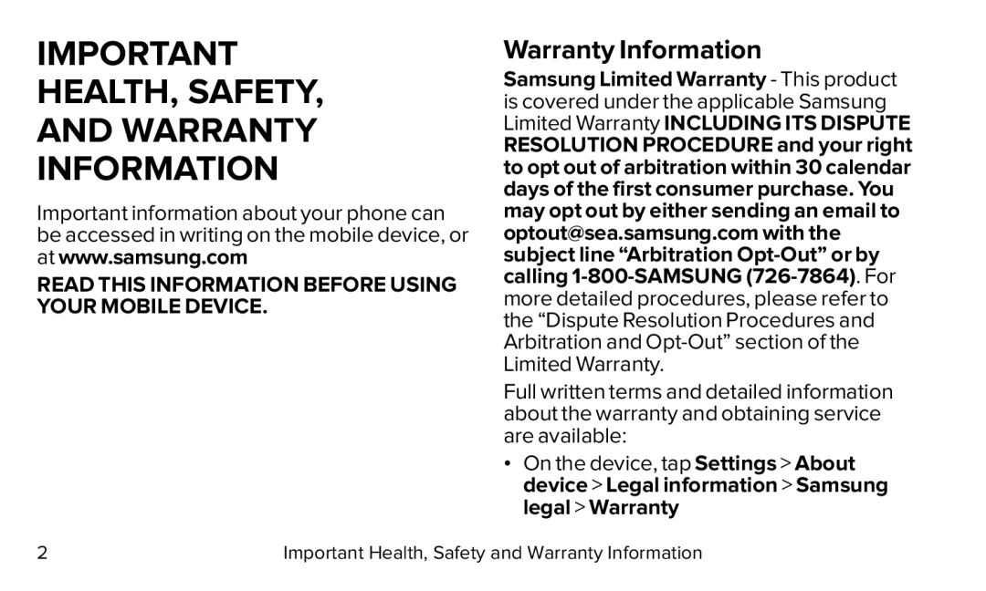 READ THIS INFORMATION BEFORE USING YOUR MOBILE DEVICE Galaxy S5 Virgin Mobile