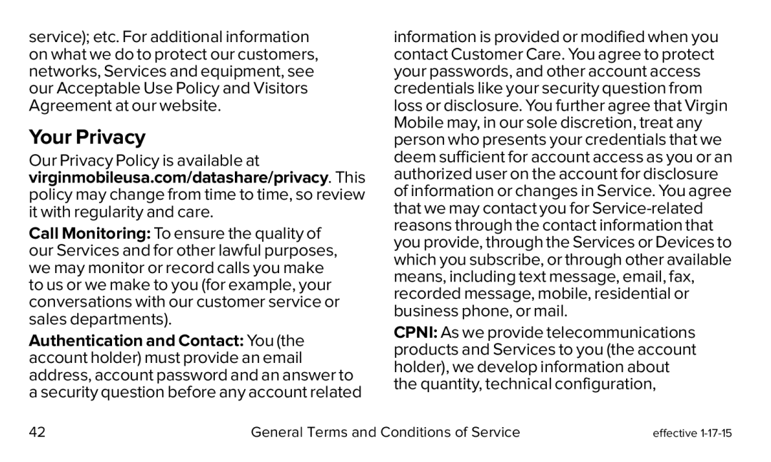 virginmobileusa.com/datashare/privacy Call Monitoring: