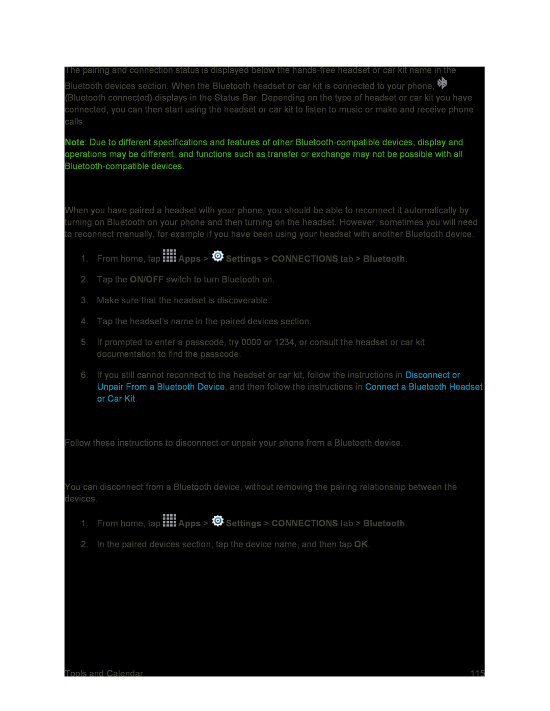 Disconnect from a Bluetooth Device Reconnect a Headset or Car Kit