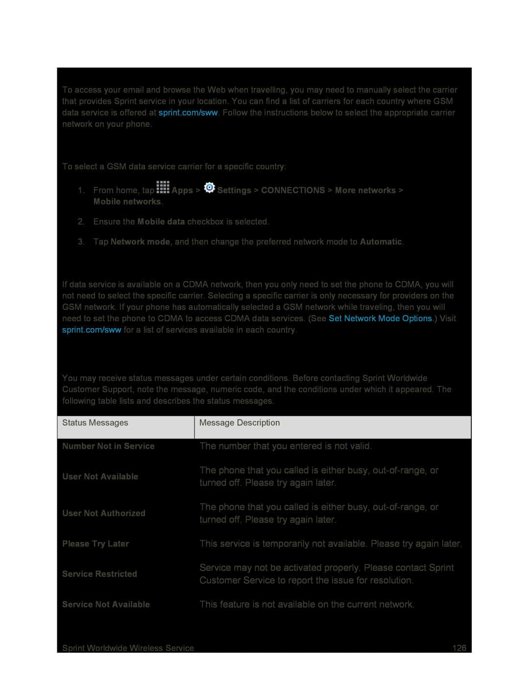 Access International Data Services on GSM/UMTS Networks Galaxy S4 Sprint