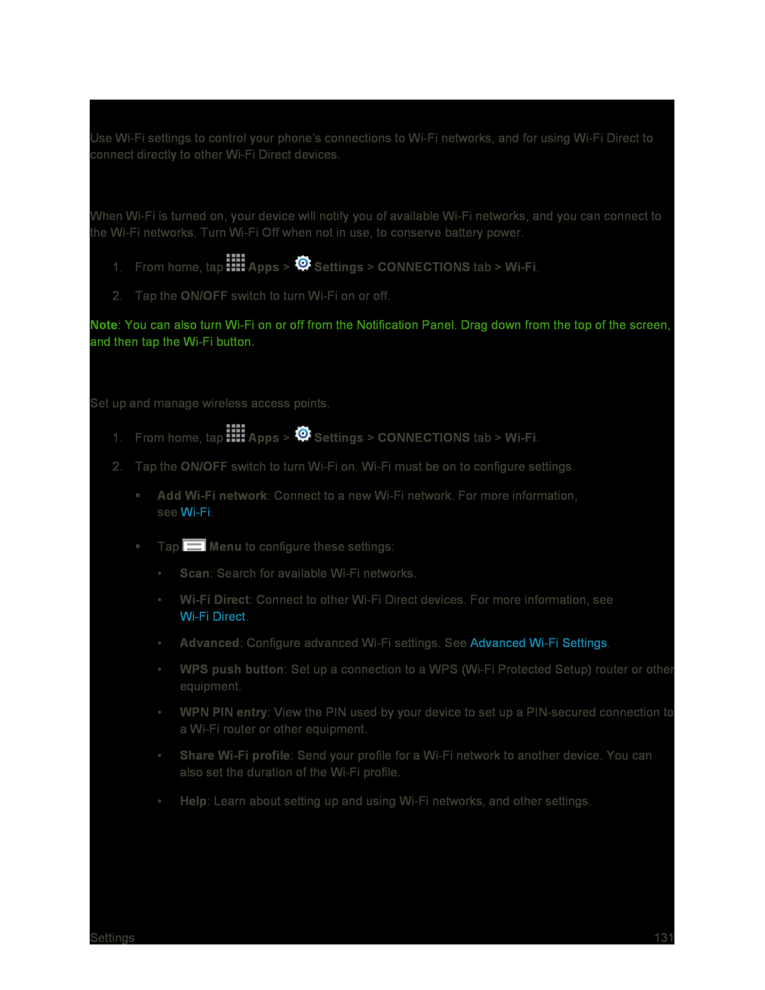 Turn Wi-FiOn or Off Configure Wi-FiSettings