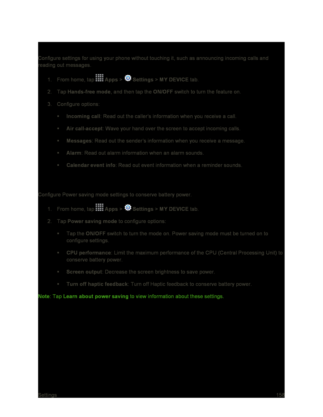 Hands-FreeMode Settings Power Saving Mode Settings