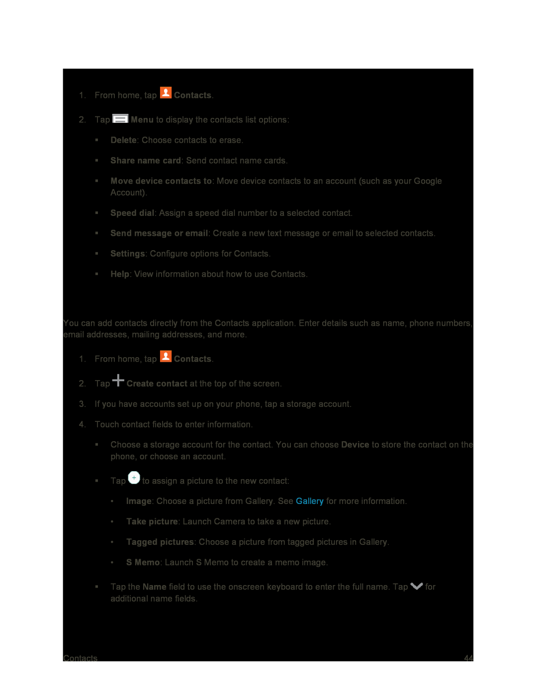 Contacts Options Galaxy S4 Sprint