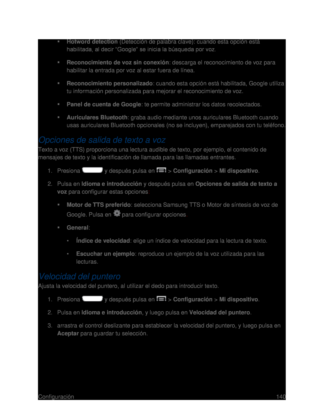 Opciones de salida de texto a voz Velocidad del puntero