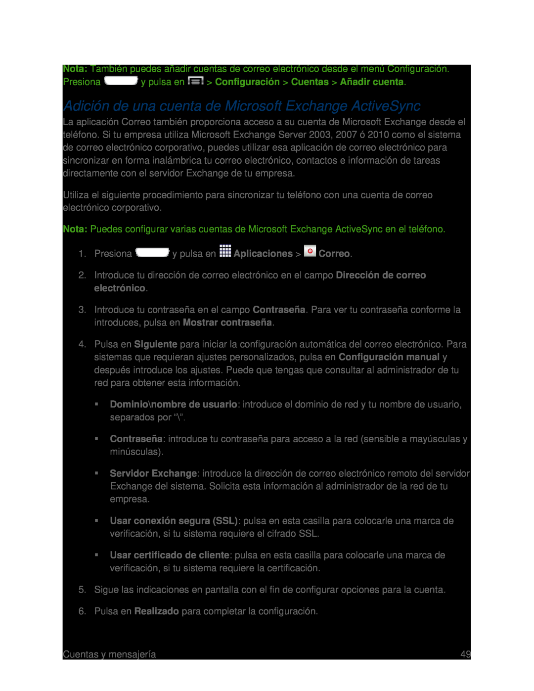 Adición de una cuenta de Microsoft Exchange ActiveSync Galaxy S III Boost Mobile