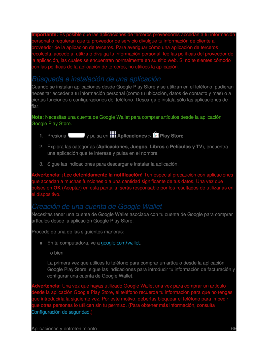 Búsqueda e instalación de una aplicación Creación de una cuenta de Google Wallet