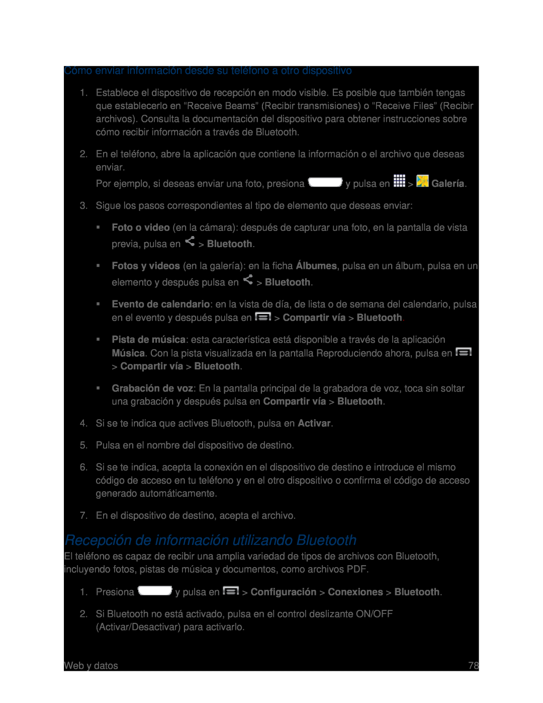 Cómo enviar información desde su teléfono a otro dispositivo Recepción de información utilizando Bluetooth