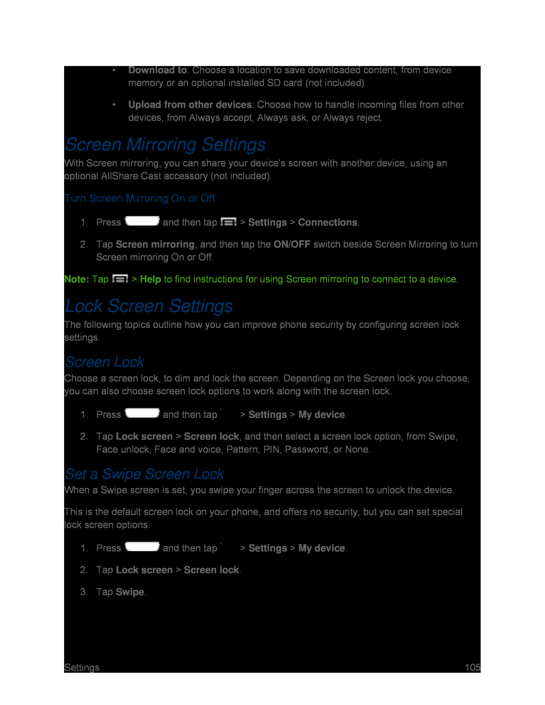 Screen Mirroring Settings Galaxy S III Sprint