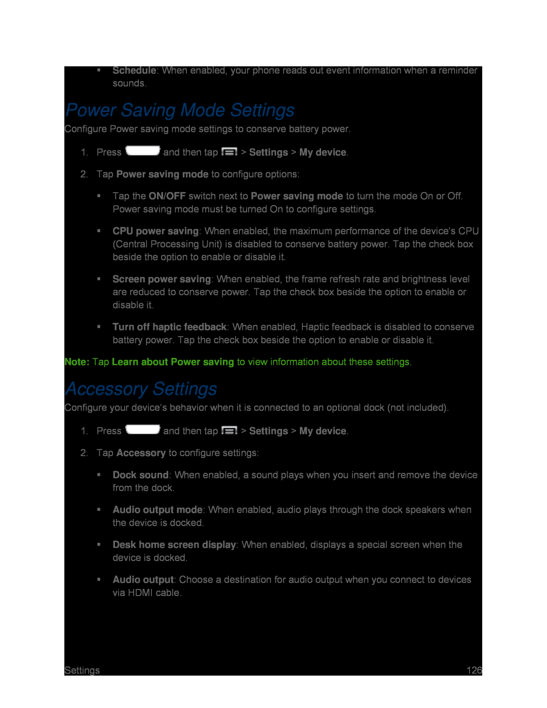 Power Saving Mode Settings Accessory Settings