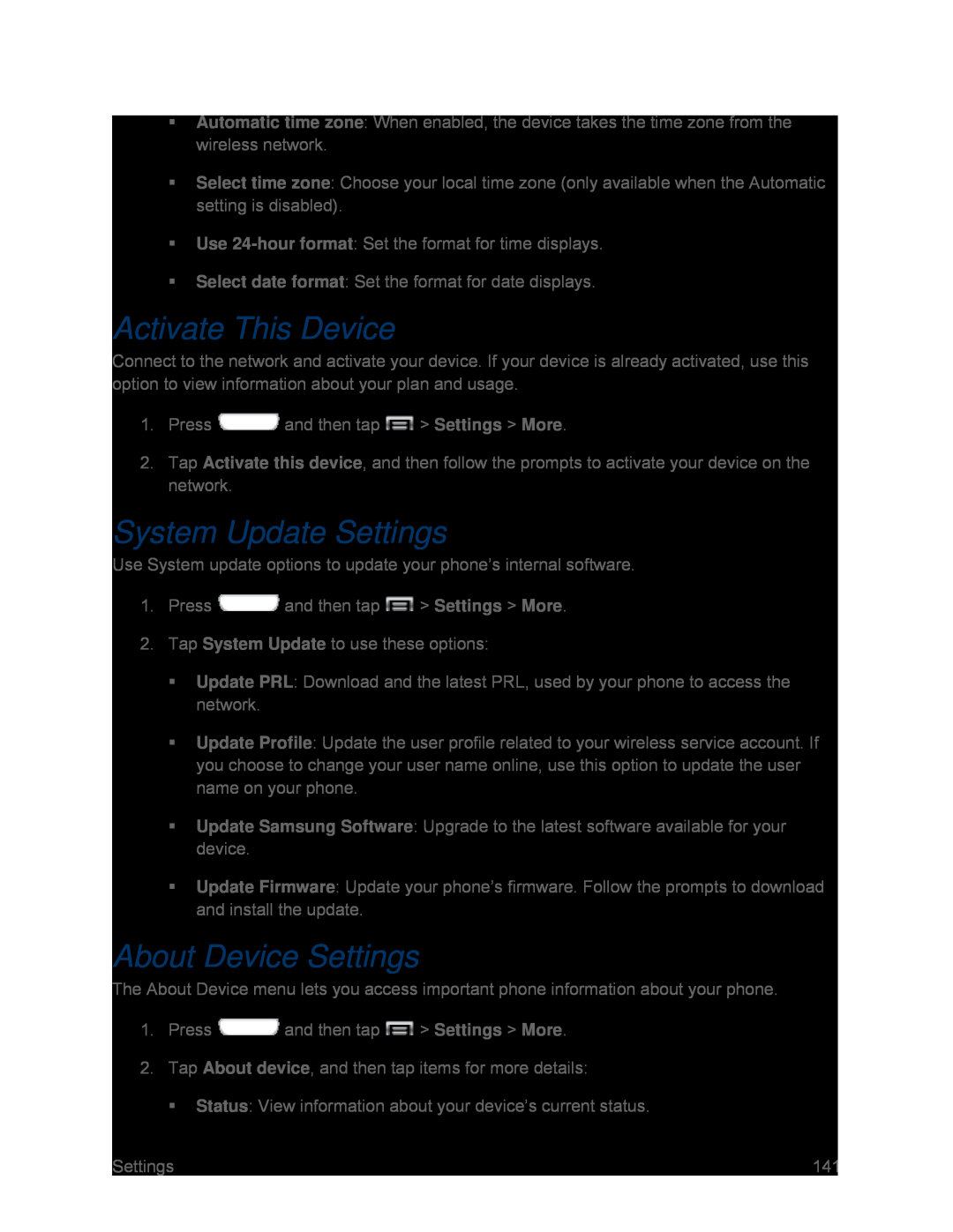 About Device Settings Galaxy S III Sprint