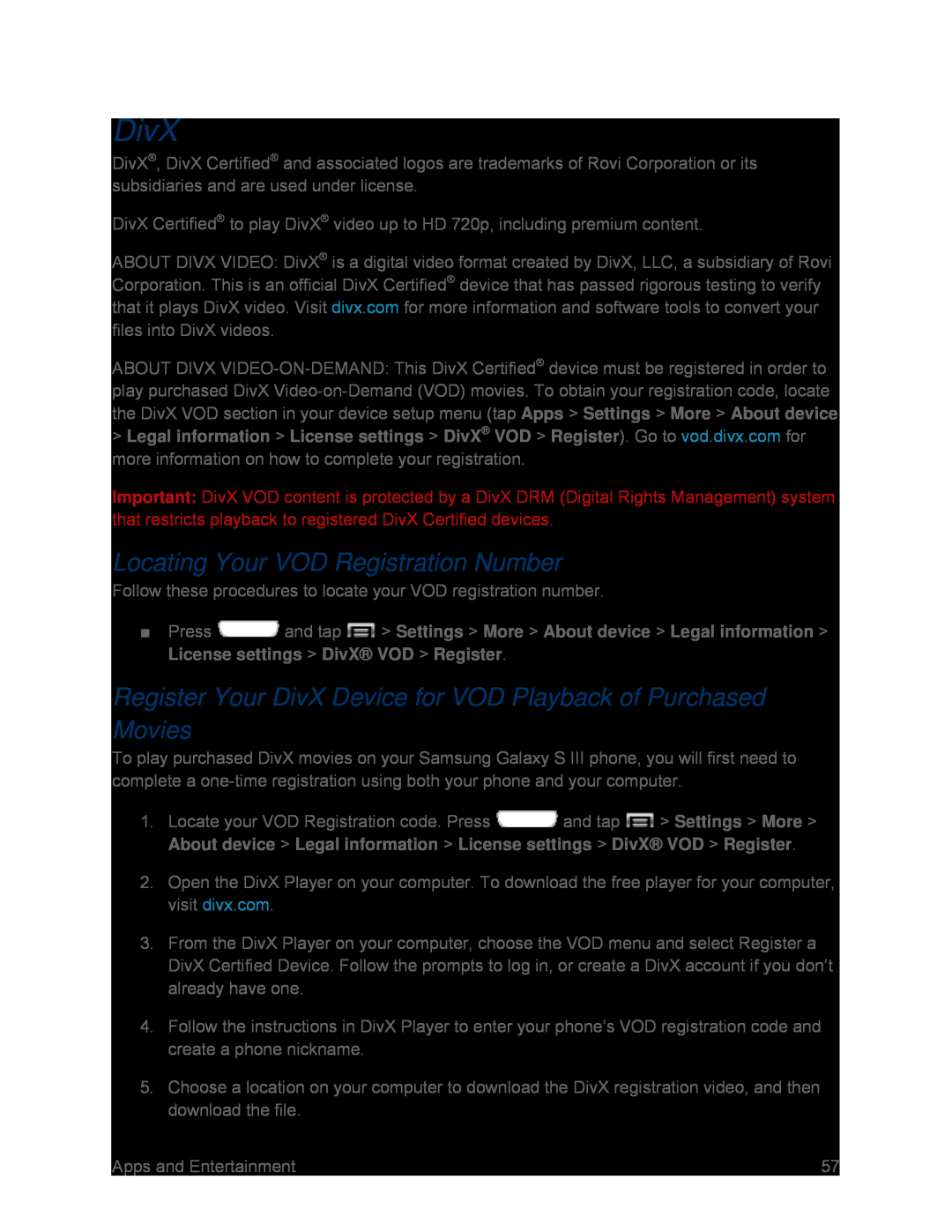 Locating Your VOD Registration Number Register Your DivX Device for VOD Playback of Purchased Movies