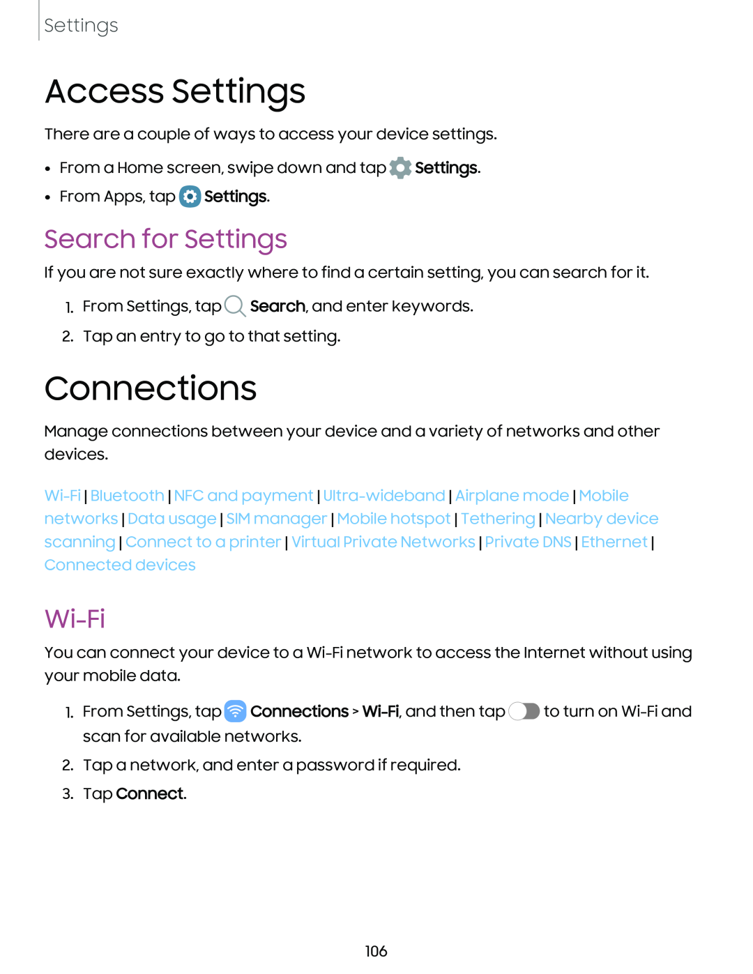 Search for Settings Wi-Fi