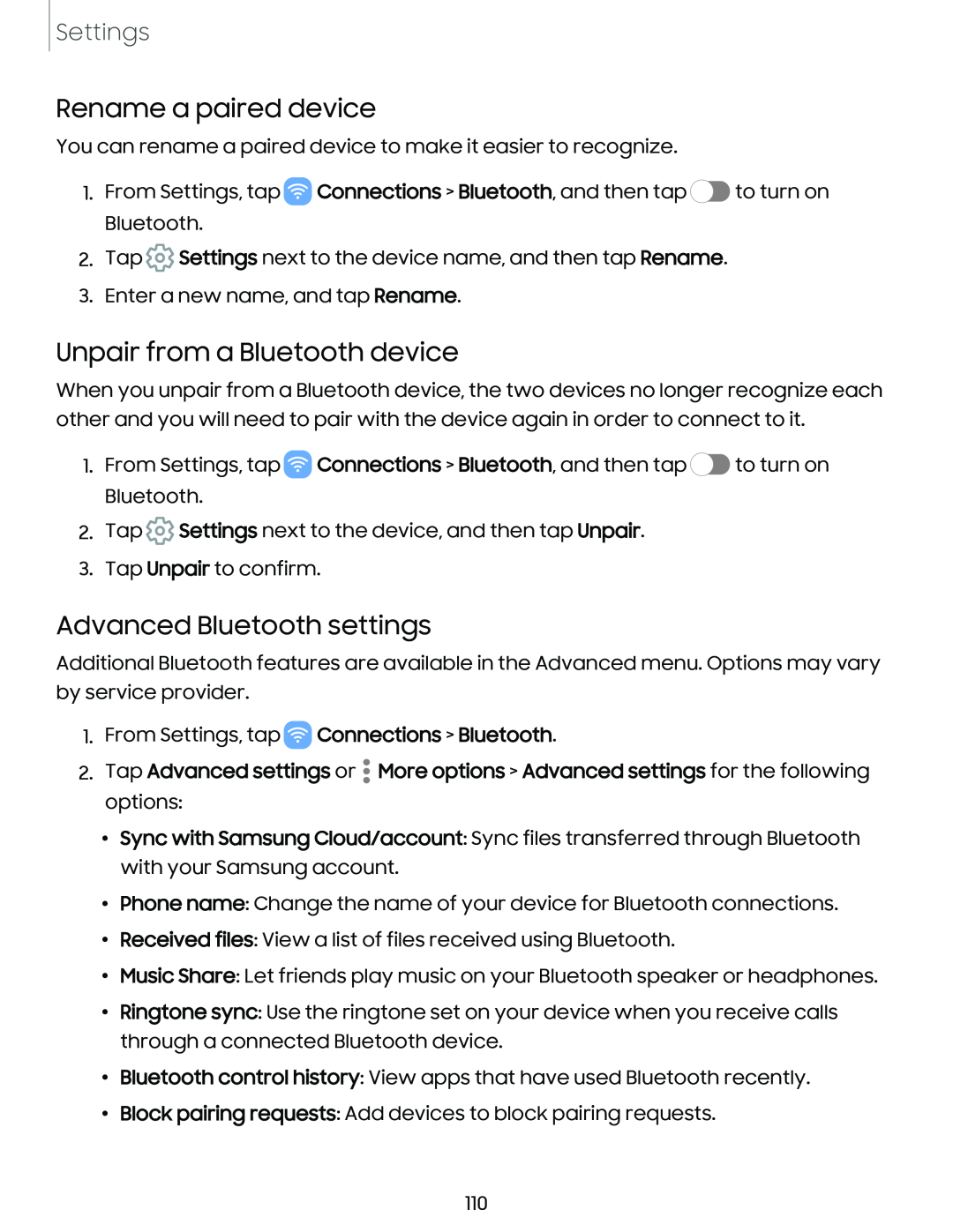 Rename a paired device Unpair from a Bluetooth device