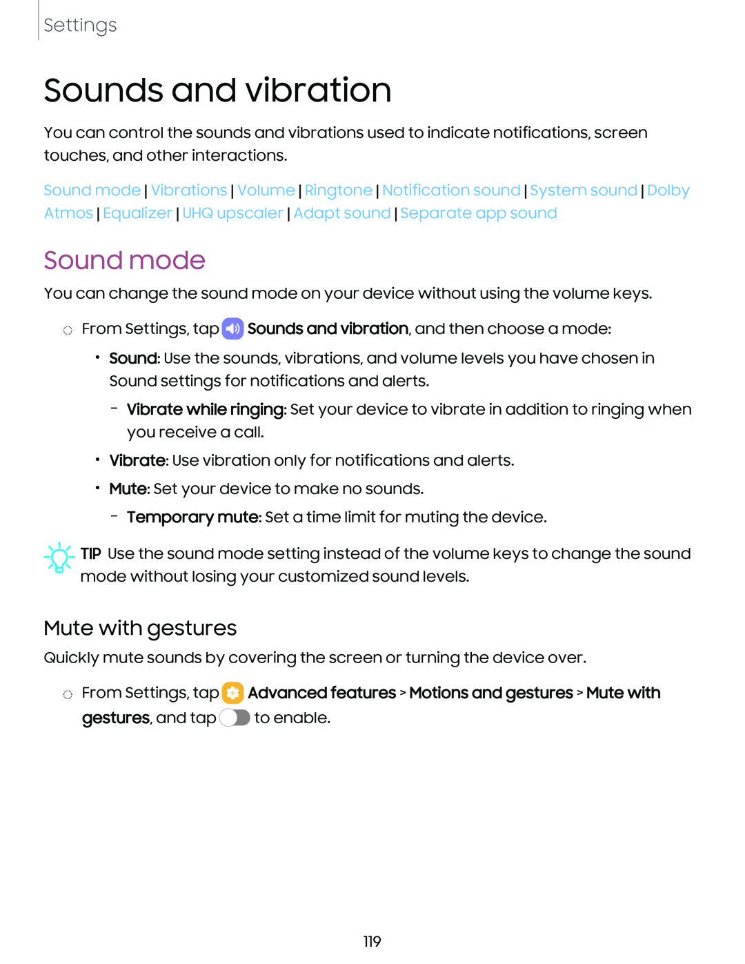 Mute with gestures Sound mode