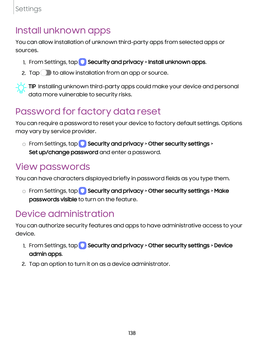 Install unknown apps Password for factory data reset