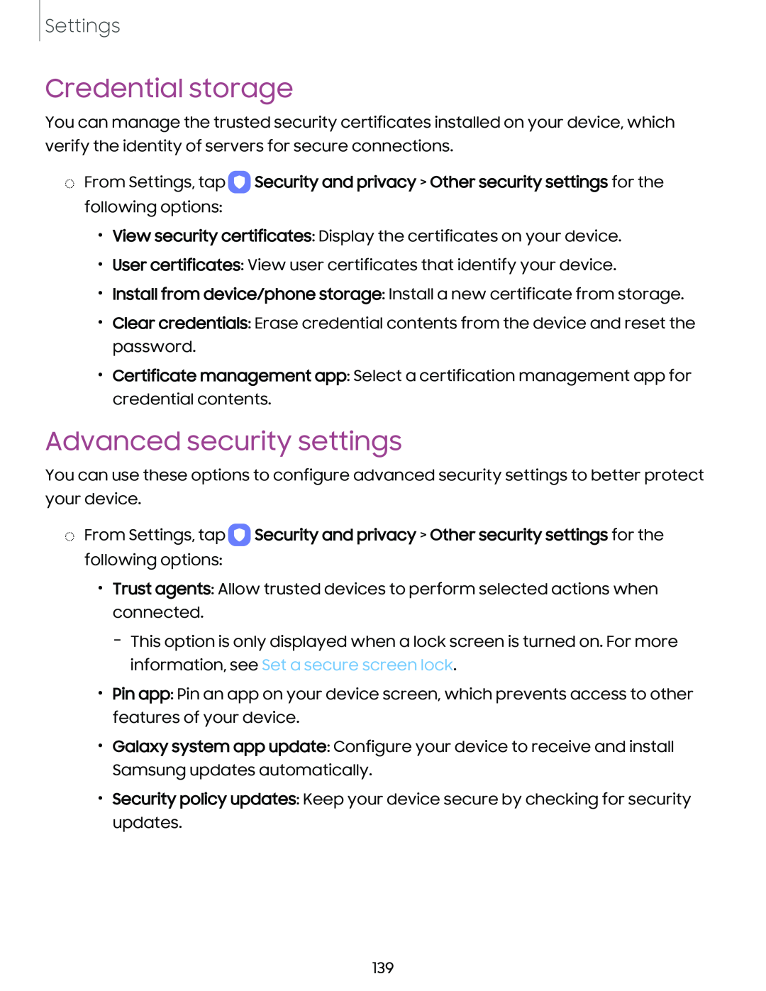 Credential storage Advanced security settings