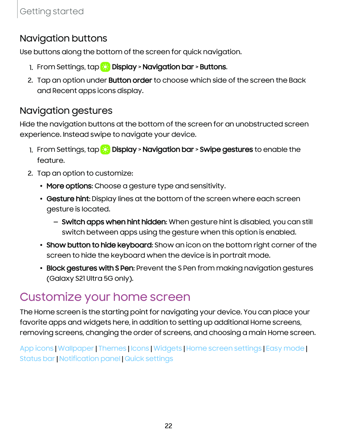 Navigation gestures Galaxy S21 Ultra 5G AT&T