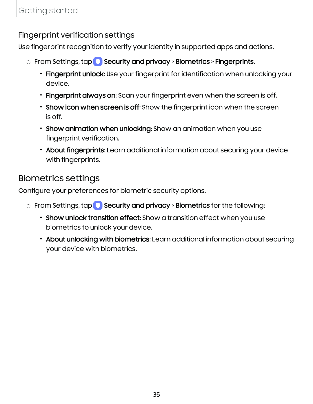 Fingerprint verification settings Biometrics settings