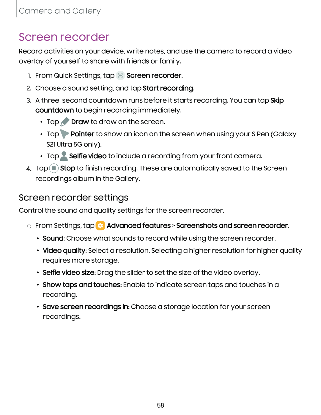 Screen recorder settings Galaxy S21 Ultra 5G AT&T