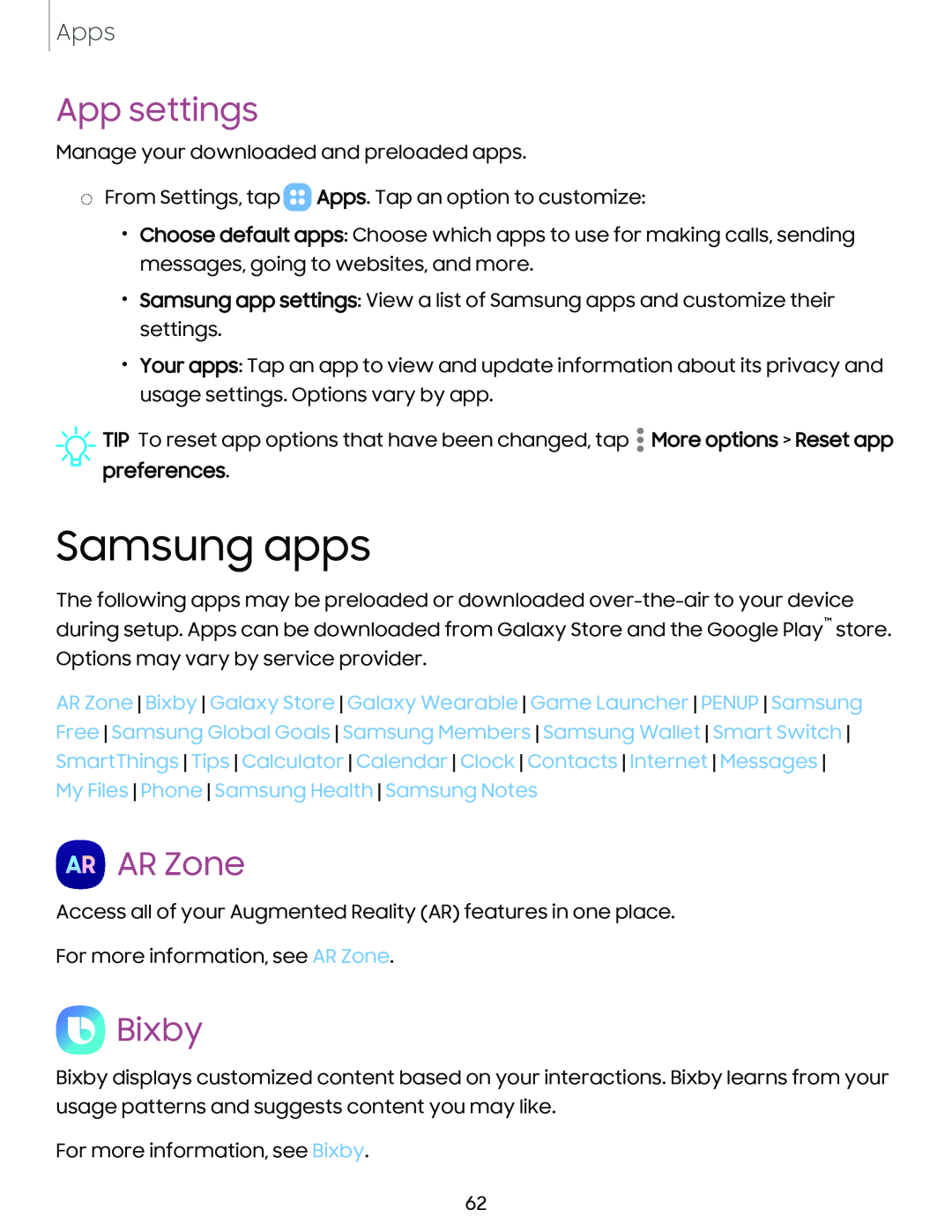 App settings Samsung apps