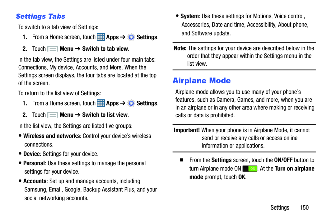 Settings Tabs Airplane Mode