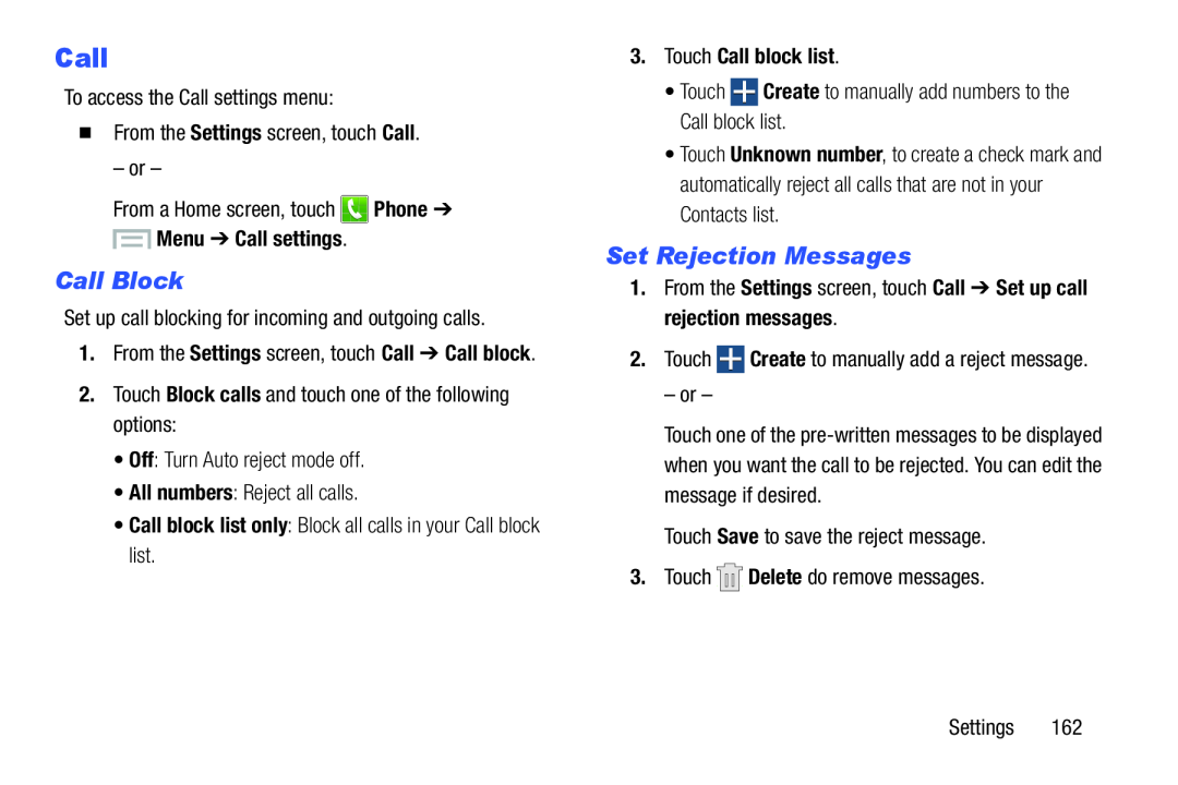 Call Block Set Rejection Messages