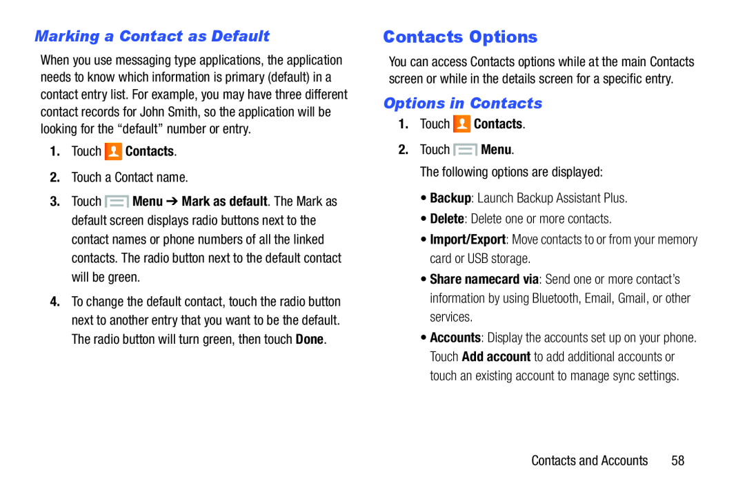 Options in Contacts Galaxy S III Developer Edition Verizon