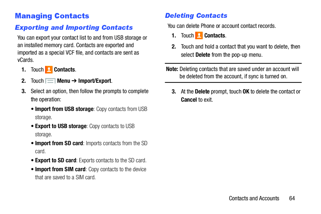 Exporting and Importing Contacts Deleting Contacts