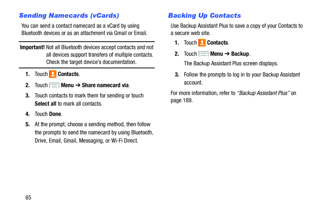 Sending Namecards (vCards) Backing Up Contacts