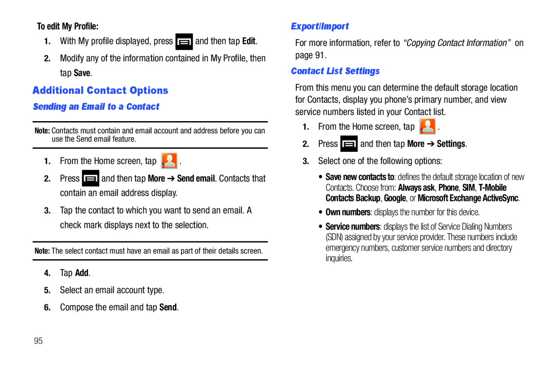 Additional Contact Options Galaxy S T-Mobile