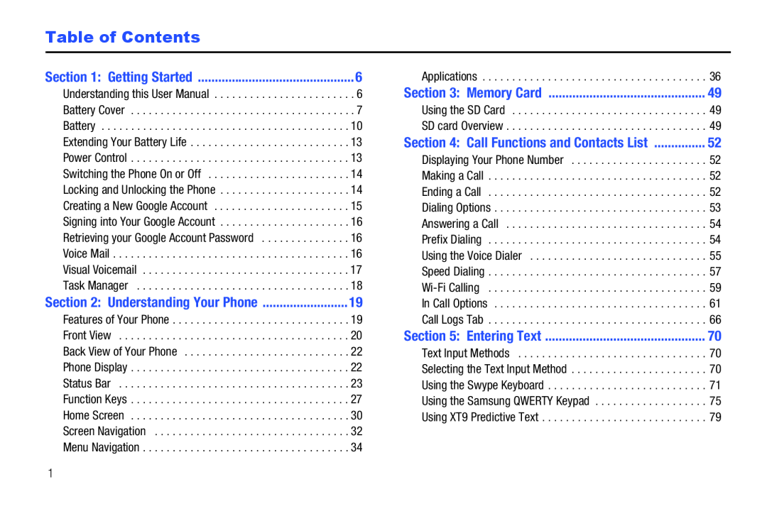 Table of Contents Galaxy S T-Mobile