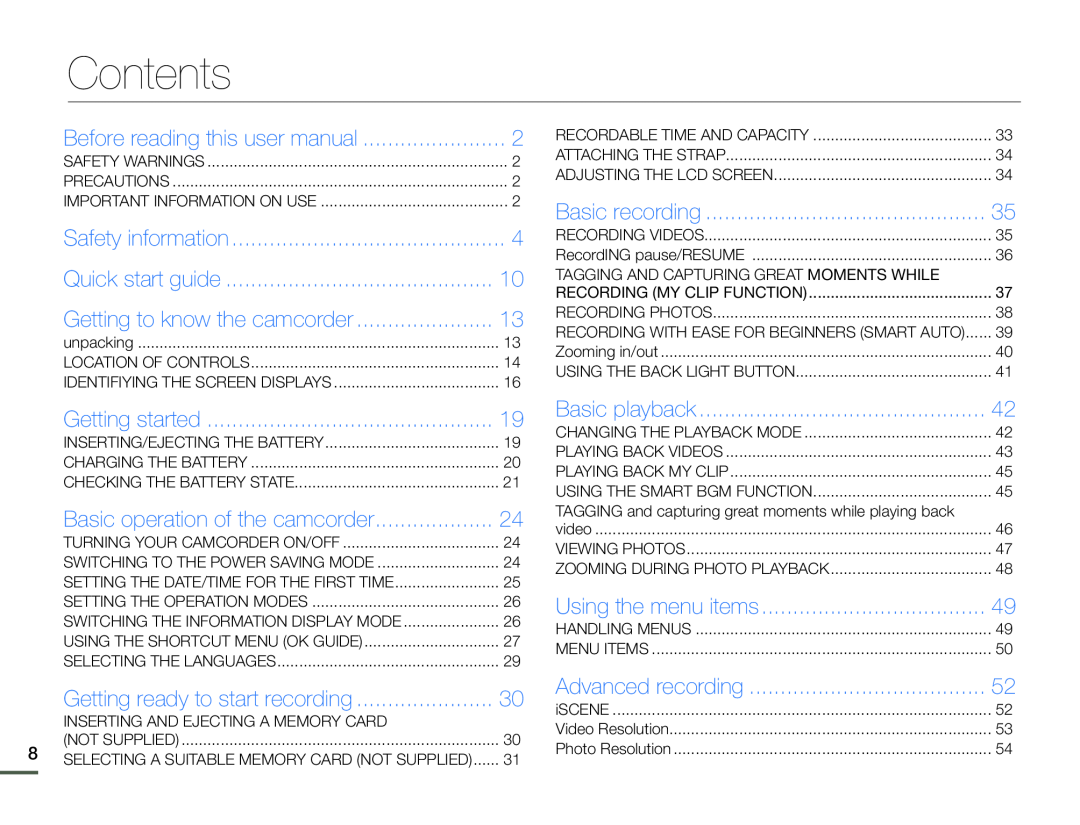 Quick start guide Getting to know the camcorder