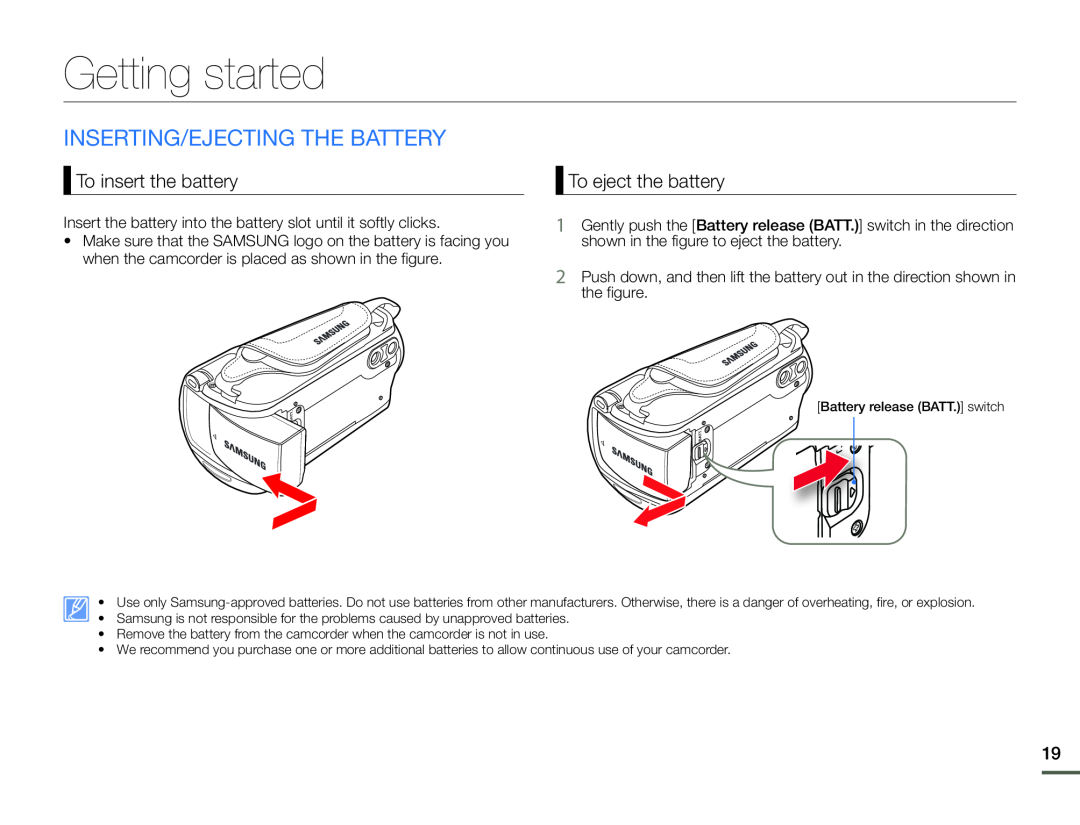 INSERTING/EJECTING THE BATTERY Hand Held Camcorder HMX-F90