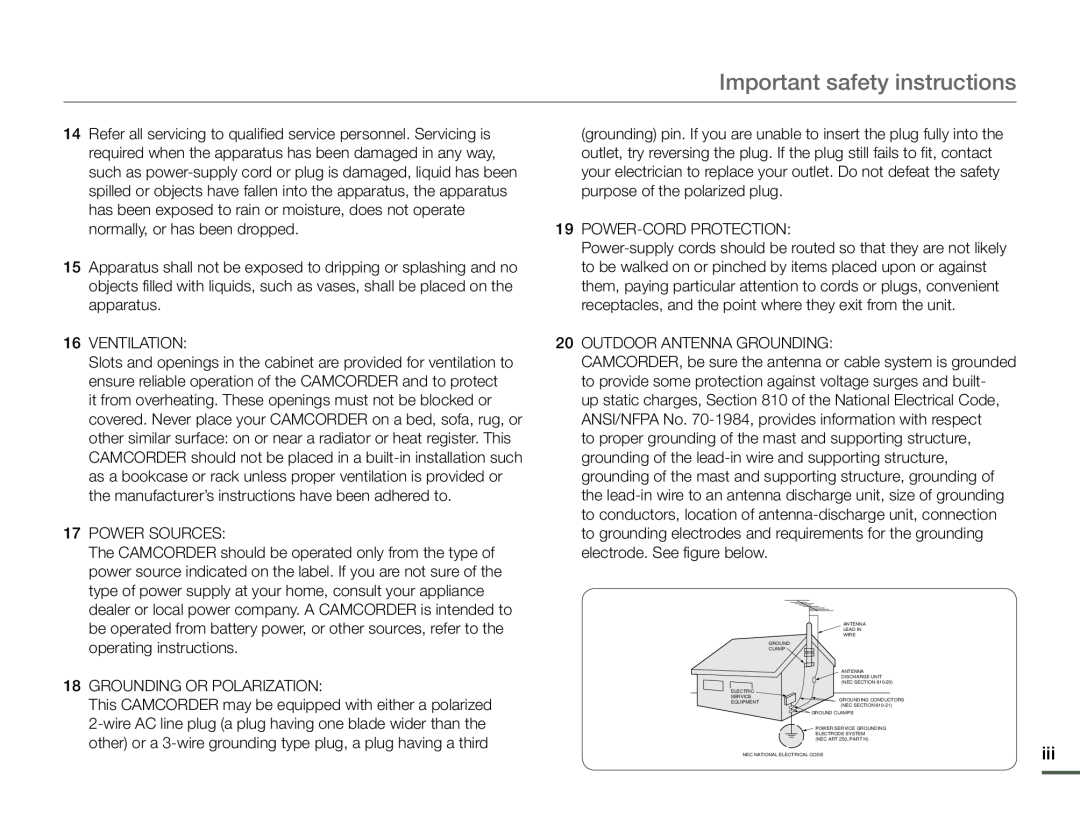 Important safety instructions Hand Held Camcorder HMX-F90