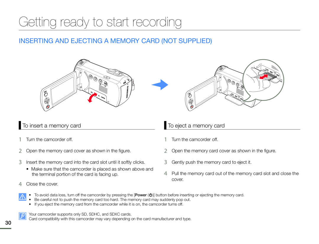 INSERTING AND EJECTING A MEMORY CARD (NOT SUPPLIED) Hand Held Camcorder HMX-F90