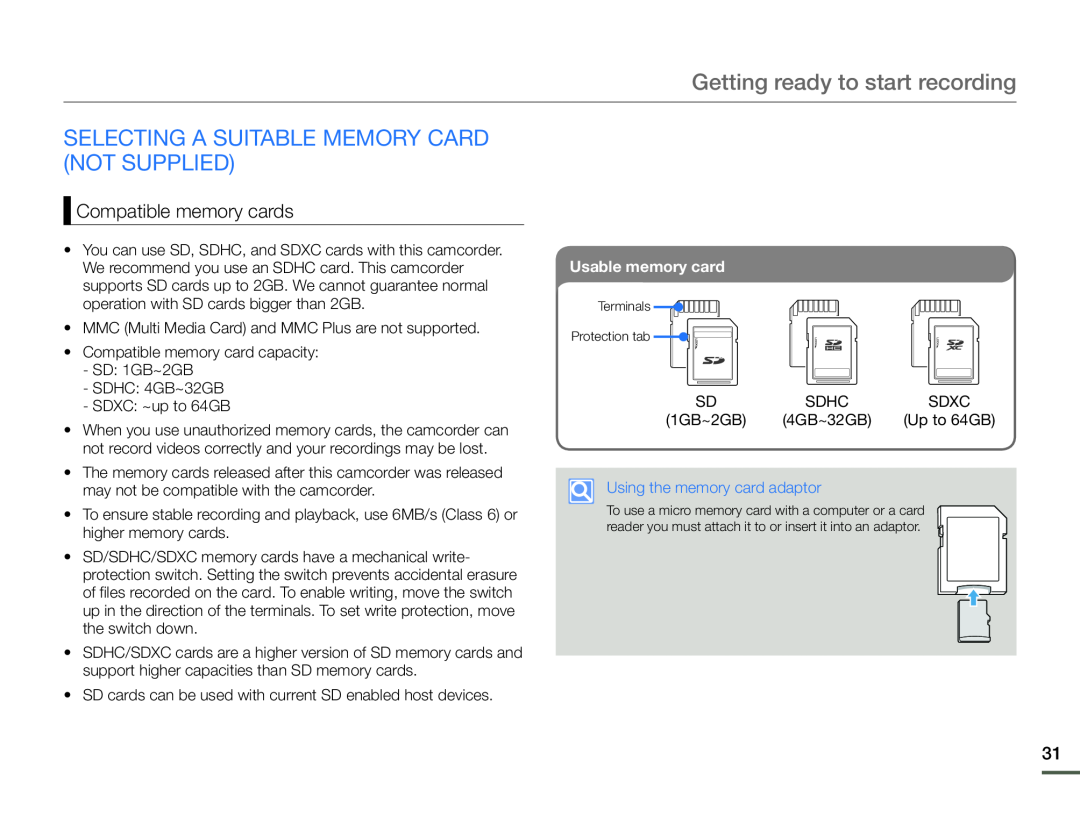 Compatible memory cards SELECTING A SUITABLE MEMORY CARD (NOT SUPPLIED)