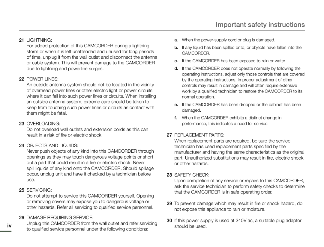 Important safety instructions Hand Held Camcorder HMX-F90