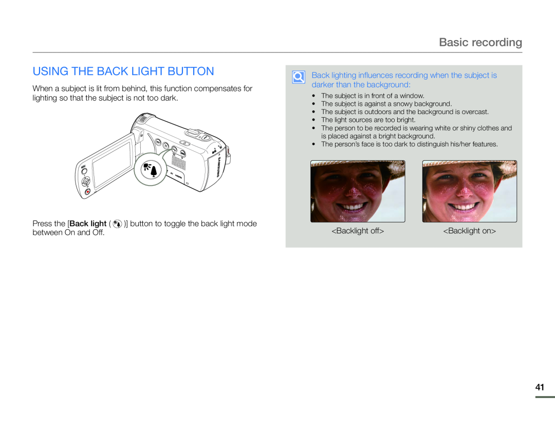 USING THE BACK LIGHT BUTTON Hand Held Camcorder HMX-F90