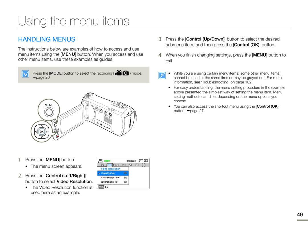 Using the menu items Hand Held Camcorder HMX-F90